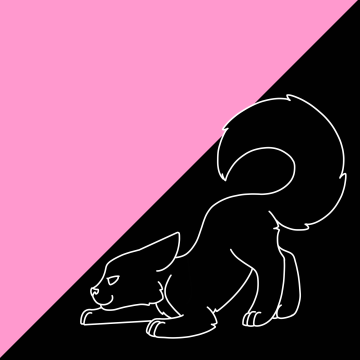 mk zariel's logo, a line drawing of a crouching fox superimposed on a square diagonally divided between black and pink.